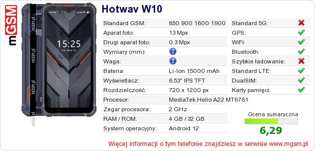 Dane telefonu Hotwav W10