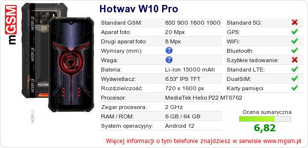 Dane telefonu Hotwav W10 Pro