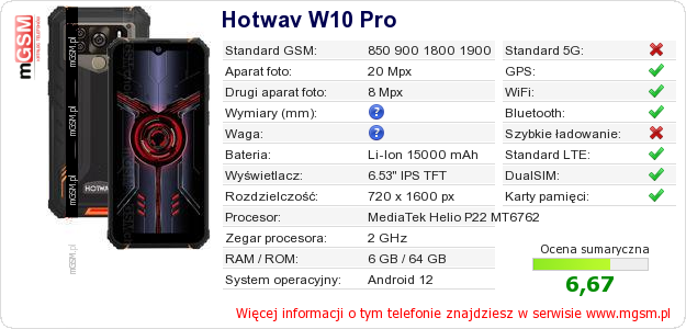 Dane telefonu Hotwav W10 Pro