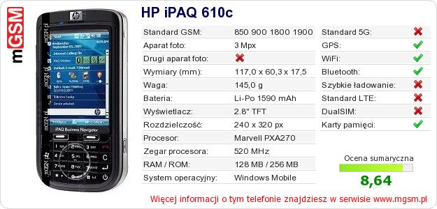 Dane telefonu HP iPAQ 610c Dane telefonu HP iPAQ 610c