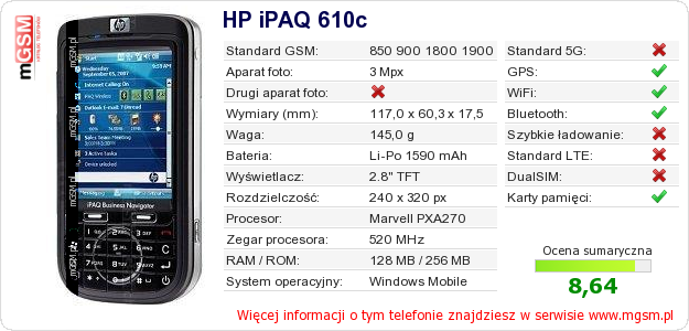 Dane telefonu HP iPAQ 610c