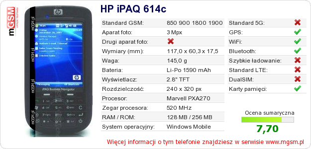 Dane telefonu HP iPAQ 614c