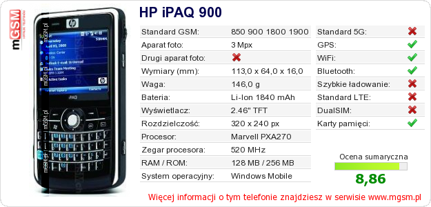 Dane telefonu HP iPAQ 900