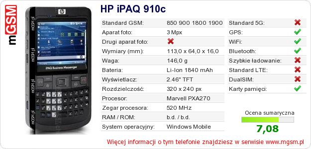 Dane telefonu HP iPAQ 910c Dane telefonu HP iPAQ 910c