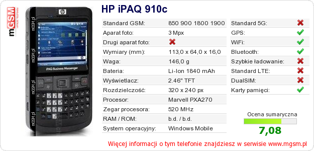 Dane telefonu HP iPAQ 910c