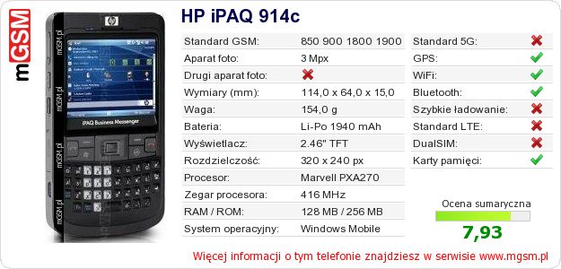 Dane telefonu HP iPAQ 914c