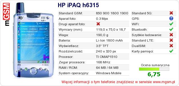 Dane telefonu HP iPAQ h6315