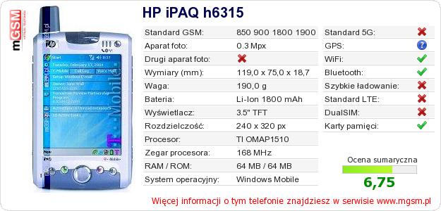 Dane telefonu HP iPAQ h6315