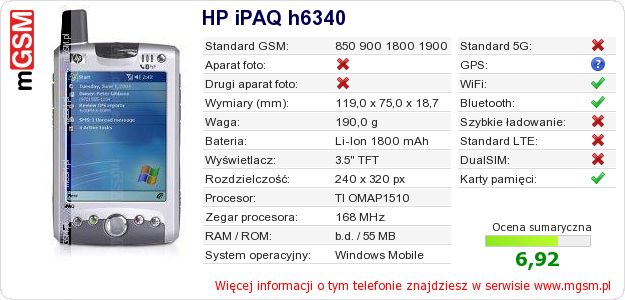 Dane telefonu HP iPAQ h6340 Dane telefonu HP iPAQ h6340