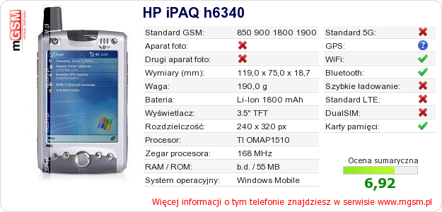 Dane telefonu HP iPAQ h6340