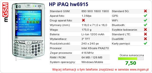 Dane telefonu HP iPAQ hw6915 Dane telefonu HP iPAQ hw6915