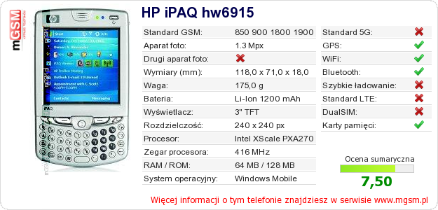 Dane telefonu HP iPAQ hw6915