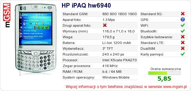 Dane telefonu HP iPAQ hw6940 Dane telefonu HP iPAQ hw6940