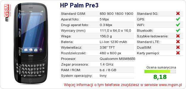 Dane telefonu HP Palm Pre3