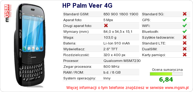Dane telefonu HP Palm Veer 4G