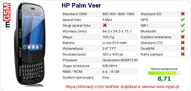 Dane telefonu HP Palm Veer Dane telefonu HP Palm Veer