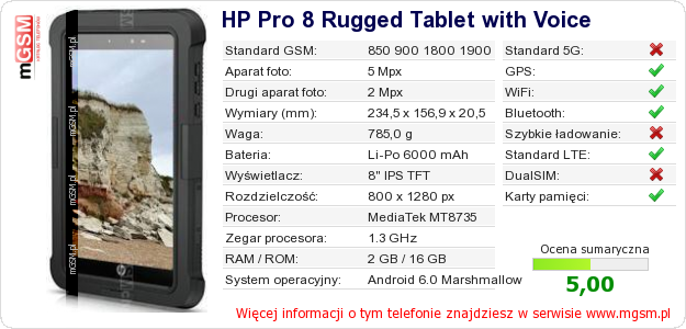 Dane telefonu HP Pro 8 Rugged Tablet with Voice