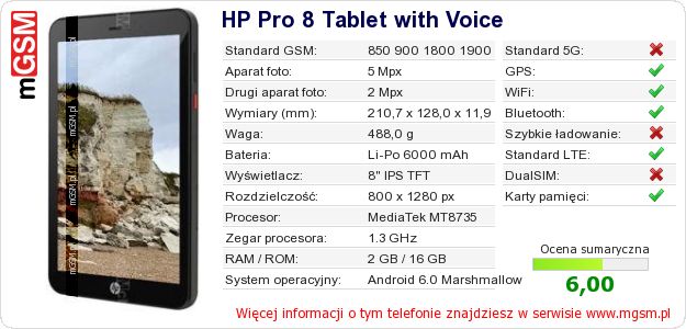Dane telefonu HP Pro 8 Tablet with Voice Dane telefonu HP Pro 8 Tablet with Voice