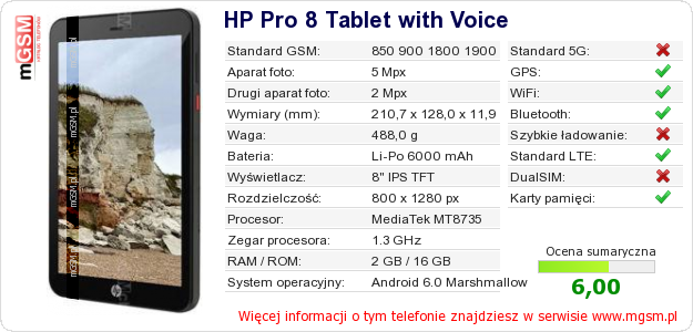 Dane telefonu HP Pro 8 Tablet with Voice
