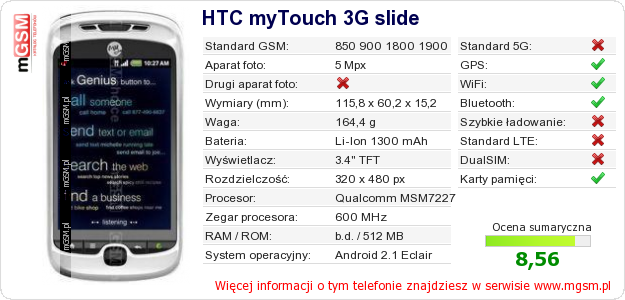 Dane telefonu HTC myTouch 3G slide