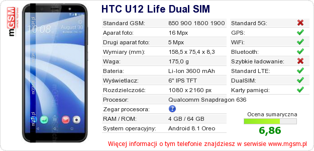 Dane telefonu HTC U12 Life Dual SIM