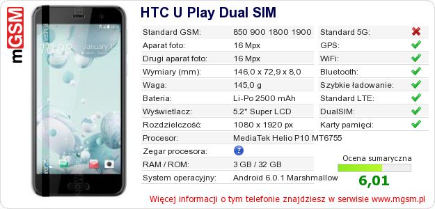 Dane telefonu HTC U Play Dual SIM