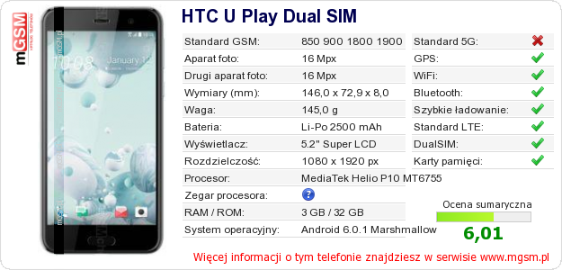 Dane telefonu HTC U Play Dual SIM