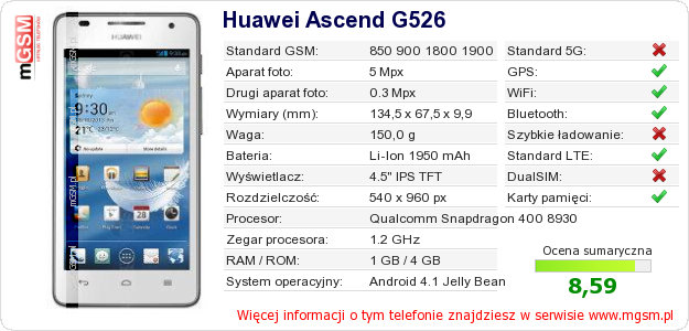 Dane telefonu Huawei Ascend G526