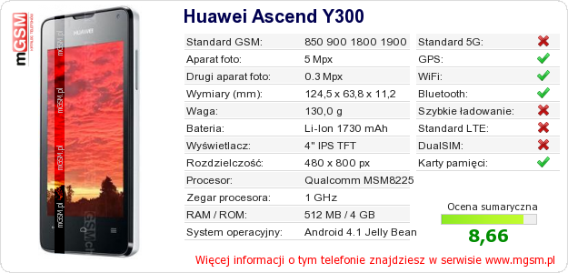 Dane telefonu Huawei Ascend Y300