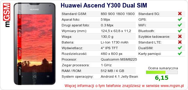 Dane telefonu Huawei Ascend Y300 Dual SIM Dane telefonu Huawei Ascend Y300 Dual SIM