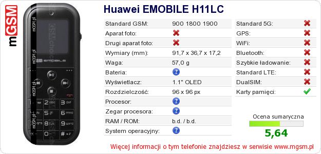 Dane telefonu Huawei EMOBILE H11LC Dane telefonu Huawei EMOBILE H11LC