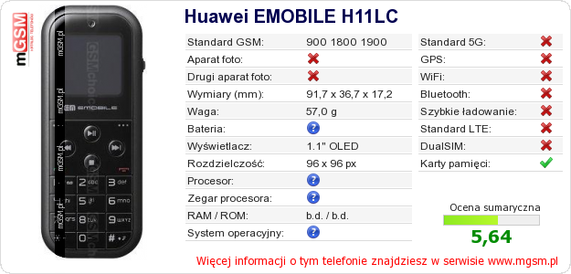 Dane telefonu Huawei EMOBILE H11LC Dane telefonu Huawei EMOBILE H11LC