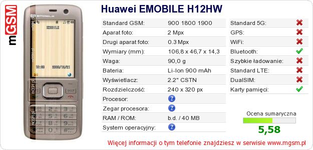 Dane telefonu Huawei EMOBILE H12HW Dane telefonu Huawei EMOBILE H12HW
