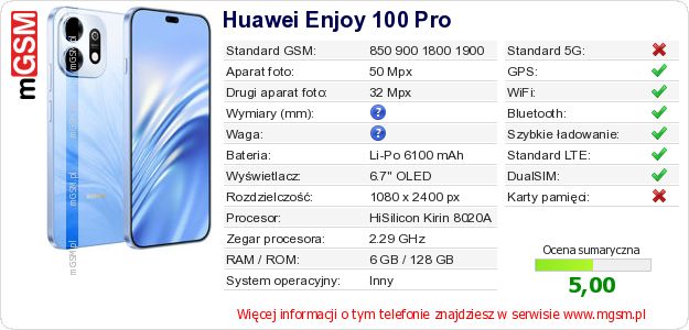 Dane telefonu Huawei Enjoy 100 Pro Dane telefonu Huawei Enjoy 100 Pro