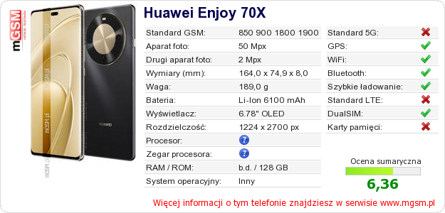 Dane telefonu Huawei Enjoy 70X