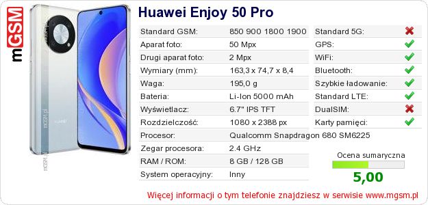 Dane telefonu Huawei Enjoy 50 Pro Dane telefonu Huawei Enjoy 50 Pro