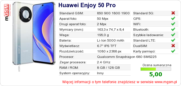 Dane telefonu Huawei Enjoy 50 Pro