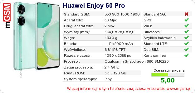 Dane telefonu Huawei Enjoy 60 Pro