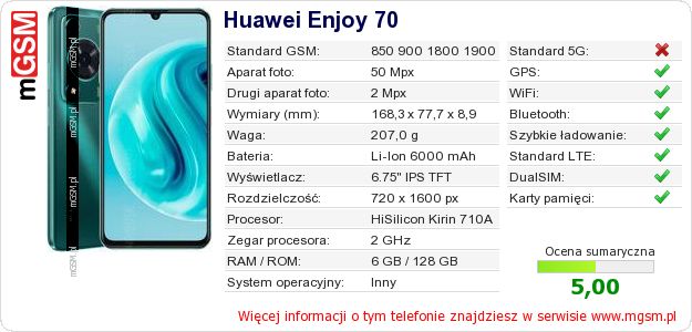 Dane telefonu Huawei Enjoy 70 Dane telefonu Huawei Enjoy 70