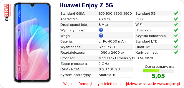 Dane telefonu Huawei Enjoy Z 5G Dane telefonu Huawei Enjoy Z 5G