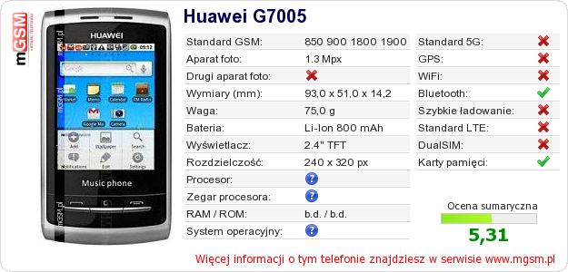 Dane telefonu Huawei G7005 Dane telefonu Huawei G7005