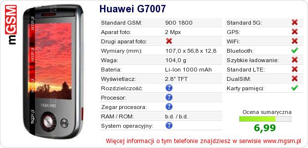 Dane telefonu Huawei G7007