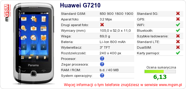 Dane telefonu Huawei G7210 Dane telefonu Huawei G7210