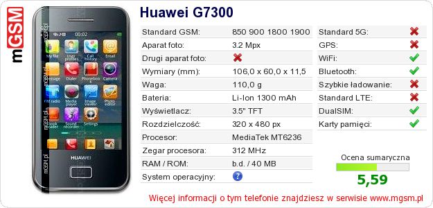 Dane telefonu Huawei G7300 Dane telefonu Huawei G7300