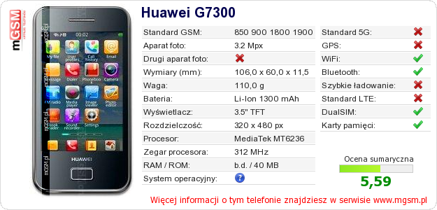 Dane telefonu Huawei G7300
