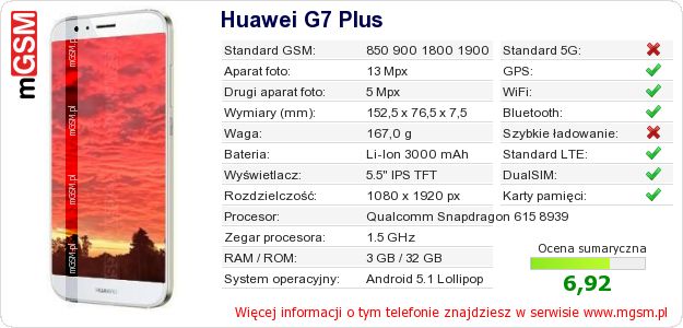 Dane telefonu Huawei G7 Plus
