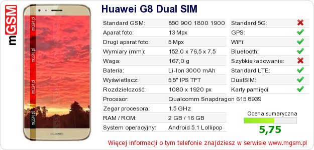 Dane telefonu Huawei G8 Dual SIM