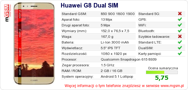 Dane telefonu Huawei G8 Dual SIM