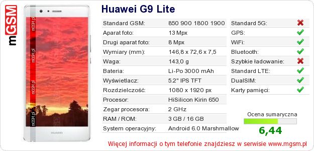Dane telefonu Huawei G9 Lite