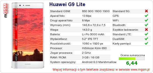 Dane telefonu Huawei G9 Lite Dane telefonu Huawei G9 Lite